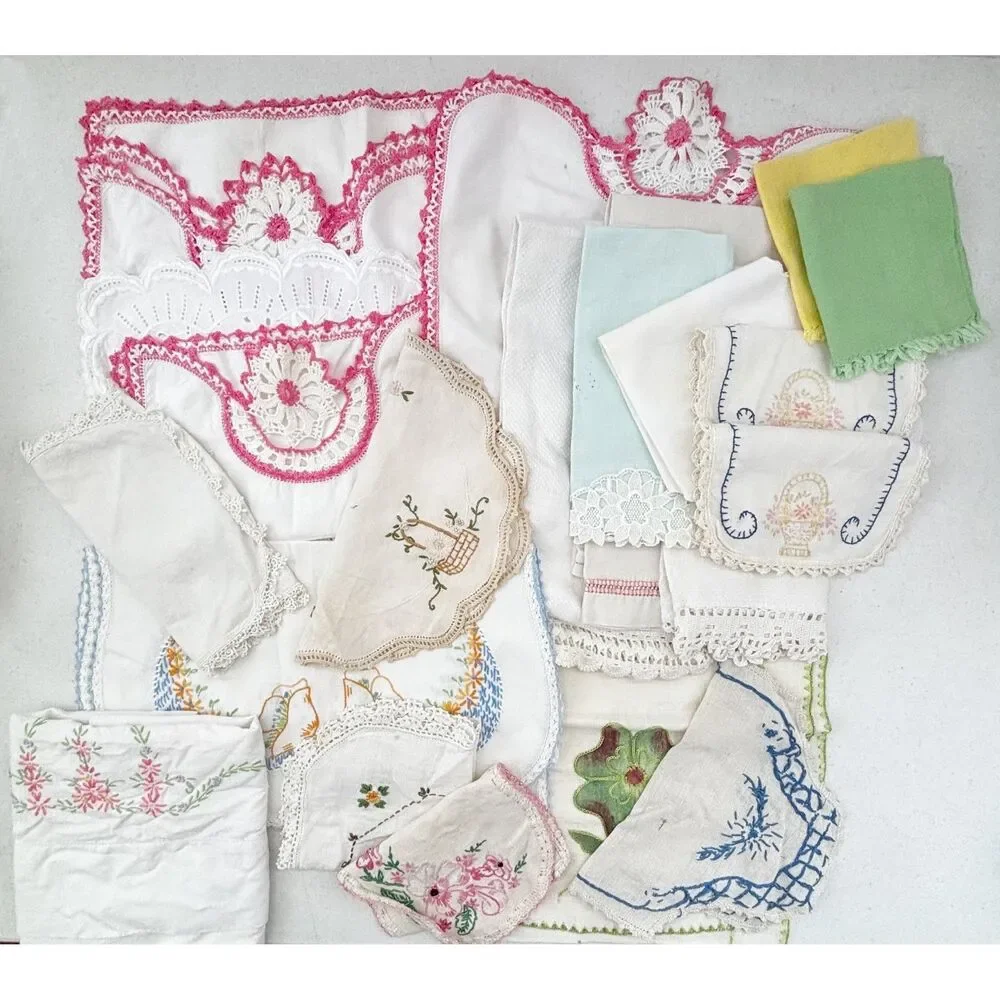 Vintage Cutter Linen Lot Doilies Eyelet Crochet Cottagecore Crafts Sewing